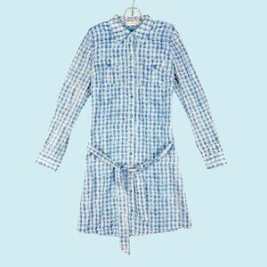 Tory Burch Shirt Dress Size 12 Blue Watercolor Button Belted Cotton Long Sleeve